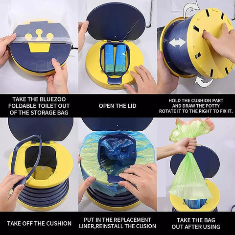 Hassle Free Foldable Toddler Potty Seat With Extra Liners And Carry Tote Ultra Slim Travel Toilet For Kids setup instructions and features