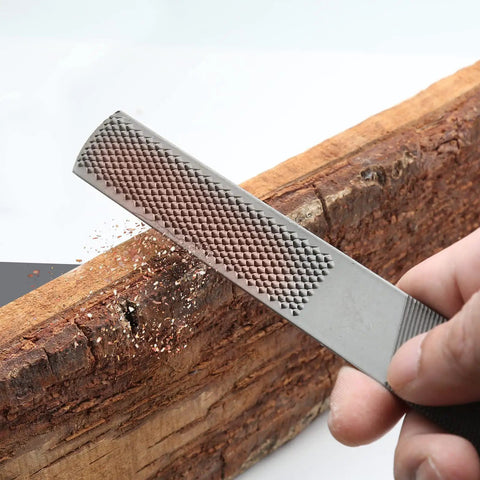 Workhorse 4 In 1 Wood Rasp File 8 Inch Straight Shooting shaping tool being used on wood for clean shaping and milling.