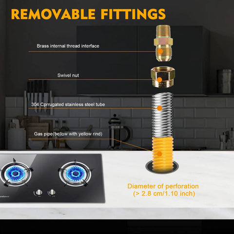 Diagram of stainless steel gas hose connector kit with 1/2 FIP and 1/2 MIP adapters, showing removable fittings for stoves and dryers.