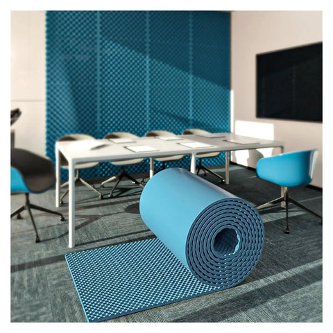 Top Shelf 7cm Thick Egg Crate Acoustic Foam Roll Featuring Self Adhesive Flame Retardant Backing For Recording Studios in blue color.