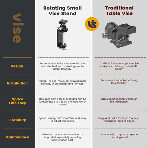Built Tough Rotating Vise Stand Featuring Rock Solid Grip And 360 Degree Swivel comparison to Traditional Table Vise with design features.