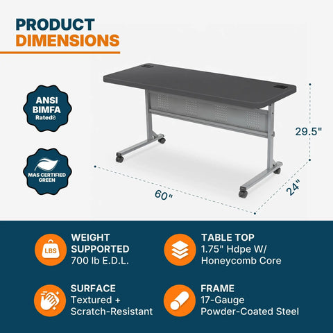 Pro Grade Nesting Flip Top Training Table With Blow Molded 1.75 Inch Thick Surface, Steel Frame, 24 By 60 Inch Charcoal Slate Top