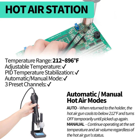 Three In One Hot Air Rework Soldering Station With DC Power Supply 30V 5A PID Temperature Control and features overview