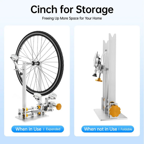 Beefy Pro Grade Heavy Duty Bicycle Wheel Truing Stand expanded and folded, for 10 to 29 inch rims, aluminum and steel platform.