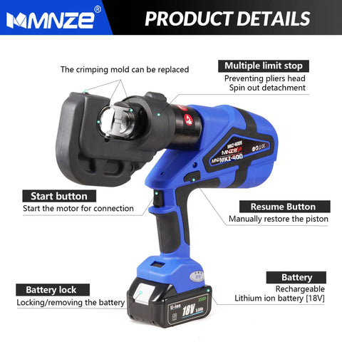 Heavy Hitter Rechargeable Electric Hydraulic Cable Lug Crimper Packs 12 Ton Punch showing start button, battery lock, and design details.