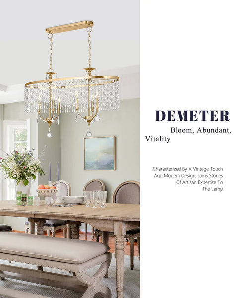 Lit 6 Light Gold Crystal Chandelier With K9 Crystals And Warm Gold Frame over elegant dining room