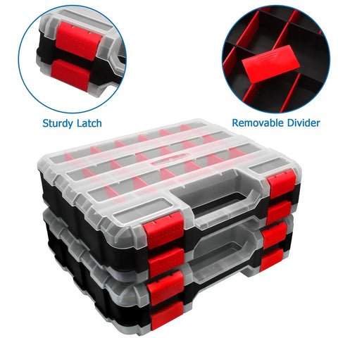 Double Sided Tool Box Organizer With 50-Compartment Removable Dividers Portable Hardware Storage Box In Red Transparent Lidded Design