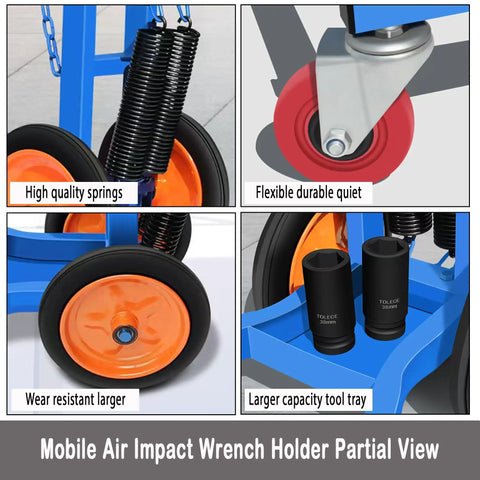 Mobile Air Impact Wrench Holder Partial View showcasing high quality springs, flexible wheels, and larger tool tray. Skip The Back Pain With This Smooth Rolling 1 Inch Air Impact Gun Holder Truck Tire Service Cart Heavy Duty Wrench Support Stand Designed To Save Your Lower Back And Keep Shop Projects Flying.