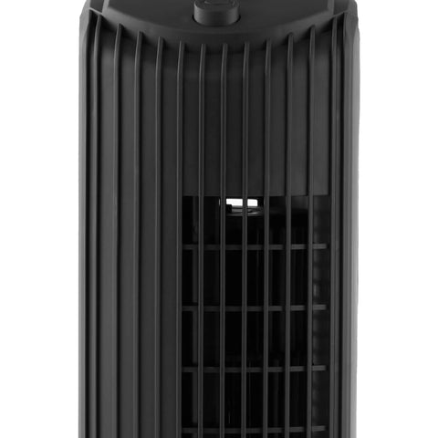 Big Time Cooling Tower Fan For Home With Ultra Quiet Operation Smooth Sixty Degree Oscillation And Easy Turn Dial Controls Plus Three Fast Speed Settings In Tight Black, front view showing sleek design and vents.