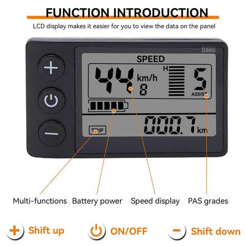 All In One Electric Bike LCD Display Meter 24V To 60V Control Panel With Waterproof Connector showing speed and battery
