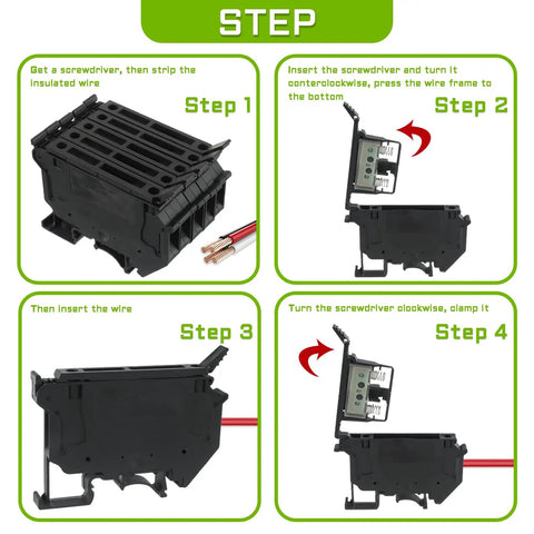 Heavy Duty Fuse Holder Terminal Block With LED Indicator For DIN Rail 24V DC 6.3A Screw Clamp 5x20 5x25 6x30 Fuse Sizes Black Pack Of 6 Industrial Grade showing wiring steps
