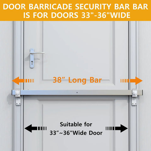 Tough As Nails 38 Inch Stainless Steel Interior Door Security Bar Fits 32 To 35 Inch Openings With Cushioned Pads showed on door, marking 38 inches.
