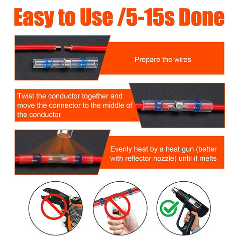 Diagram showing installation of Heat Shrink Solder Seal Wire Connector Kit Waterproof Insulated Solderless Wiring Splice Connectors