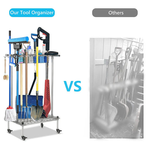 Comparison of Stainless Steel Garden Tool Organizer Tower Rack With Wheels and traditional storage