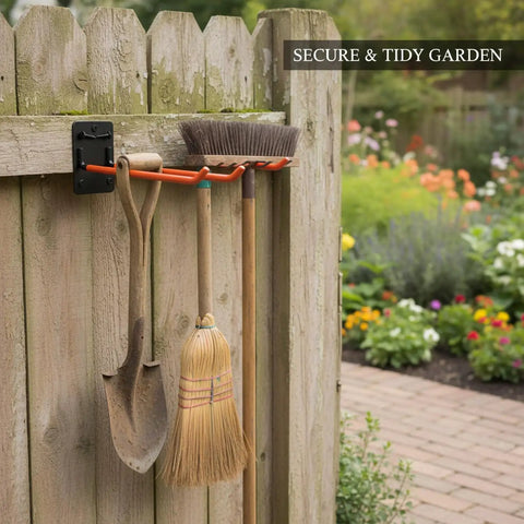 Heavy Duty Iron Tool Rack For Garage Organization, Vertical Wall Mount Storage For Shovels, Rakes And Brooms on fence
