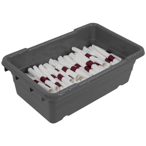Jumbo Lug Plastic Nest And Cross Stack Totes 25x16x9 Inch Gray 6 Pack Heavy Duty Storage Bins filled with rolled napkins