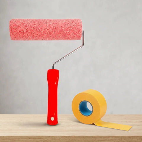 Heavy Duty Texture Roller For Creating Stunning Eggshell Wall Patterns With Ease Durable Metal Bracket Design with red handle and a roll of yellow tape.