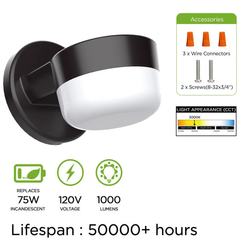 Ultra Efficient 12W 1000LM Outdoor LED Wall Light Sconce, Dusk to Dawn Photocell, shown with accessories, UL Listed.