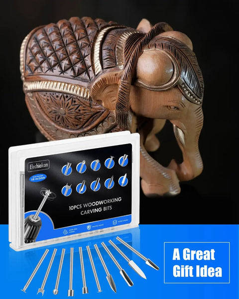 10 Piece Rotary Tool Bits Set For Wood Carving Engraving And Detail Work With 1/8 Inch Shank, displayed with a carved elephant.