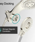 Magnetic 2 In 1 Shower Head With Handheld Sprayer And On Off Water Saving Switch with anti-kink hose and brushed nickel finish illustrating easy docking and magnetic connection