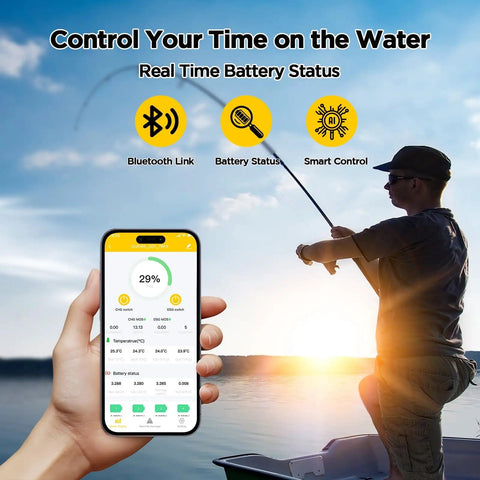 12V 100Ah LiFePO4 Marine Battery With Bluetooth App, fishing on boat, real-time battery status displayed on smartphone
