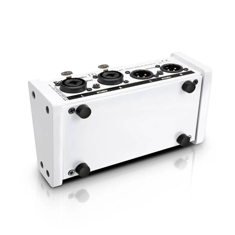 Passive Monitor Controller with Mute and Mono Button, white finish, showing XLR and 3.5mm connectors on the back panel.