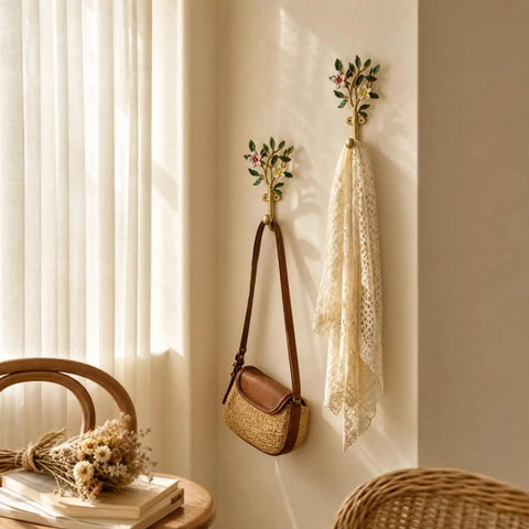 Vintage Flower Wall Hooks, Distressed Metal Coat Rack Set, Ace Farmhouse Entryway Organizer with bags and scarves.