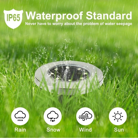 These Killer Solar In Ground Lights Pack Eight Leds For Super Bright Outdoor Glow Waterproof And Tough They Shine Six To Eight Hours Straight On A Charge With A Four Point Six Inch Diameter Ideal For Pathway Yard Lawn Patio Walkway In A Sixteen Pack Of waterproof light in grass with rain symbols