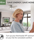 Woman adjusting thermostat with 42 Inch Indoor Ceiling Fan With LED Lights And Pull Chain Low Profile Flush Mount Ultra Quiet in background