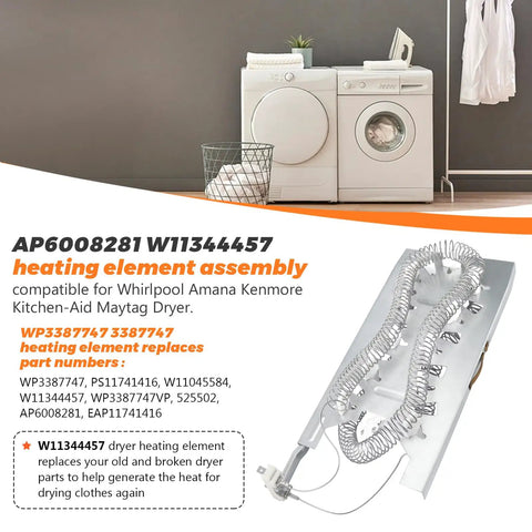 Heavy Duty Dryer Heating Element Replacement WP3387747 For Whirlpool Amana Kenmore KitchenAid Dryers in packaging with laundry machines