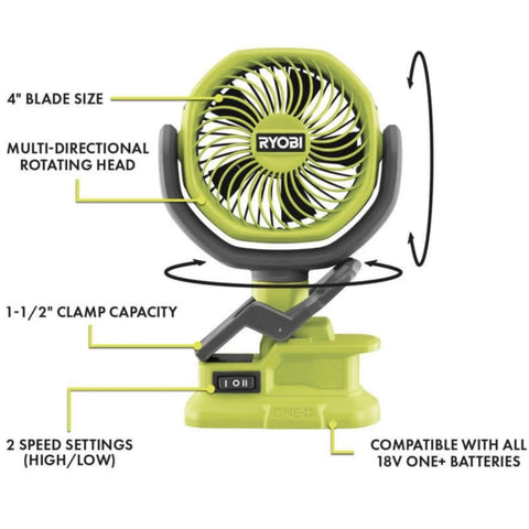 Cordless 4 Inch Clamp Fan Kit With 18V Ryobi Battery, Charger, And Pocket Flashlight, Lightweight Portable Cooling, 180 CFM