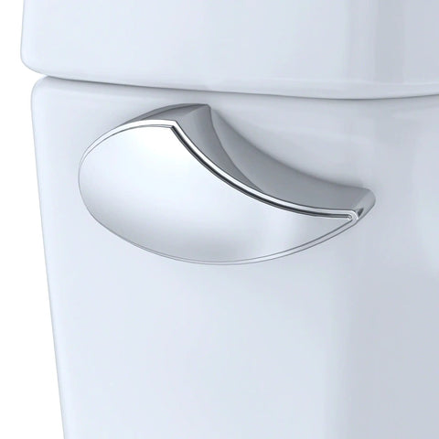 Close-up of chrome flush handle on Top Shelf Two Piece Elongated Toilet Featuring Universal Height And 1.6 GPF Tornado Flush System.