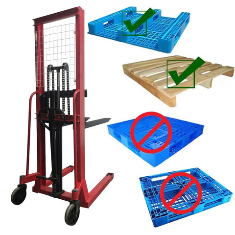 The Real Deal Manual Pallet Lifter With A Hefty 1 Ton 2204 Lbs Capacity And A Snappy 63 Inch Lift Height showing compatible pallets.