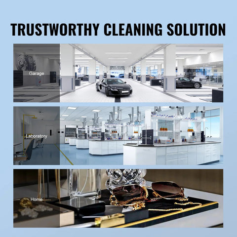 Cleaning solution banner on blue background with three panels labeled Garage, Laboratory, and Home.