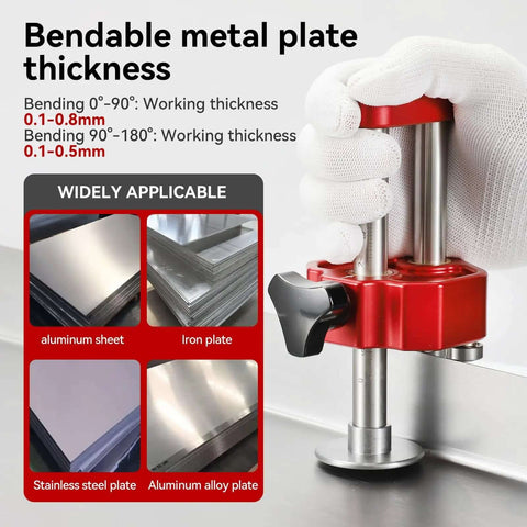 Lightweight 1 Station Sheet Metal Roller Bender in use, bending metal; red device with 6 inch butterfly wheel for curved surfaces