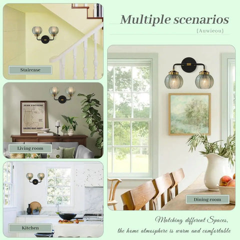 Two Light Black Bathroom Vanity Light With Retro Wall Sconce And Ribbed Green Glass Shades Mid Century Modern Farmhouse Style Over Mirror Great For Bedroom Hallway Living Room shown in various home settings