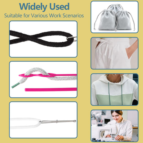 All In One 8 Piece Drawstring Threader Tool Set For Sewing displayed in use on garments and bags