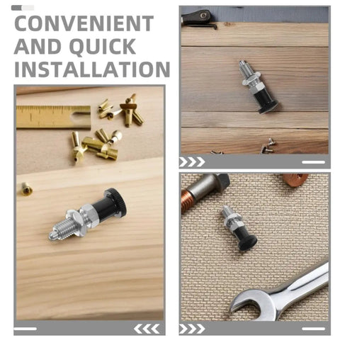 Stainless Steel Reset Indexing Plunger With Knob And Self Locking Mechanism M10 For Mechanical Applications and Maintenance Tasks, positioned on wood.