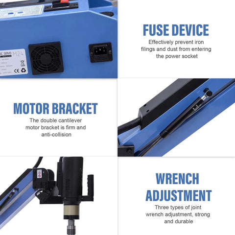 High Power Electric Touch Tapping Machine With 1200W Servo Motor close-up of fuse device, motor bracket, and wrench adjustment features.