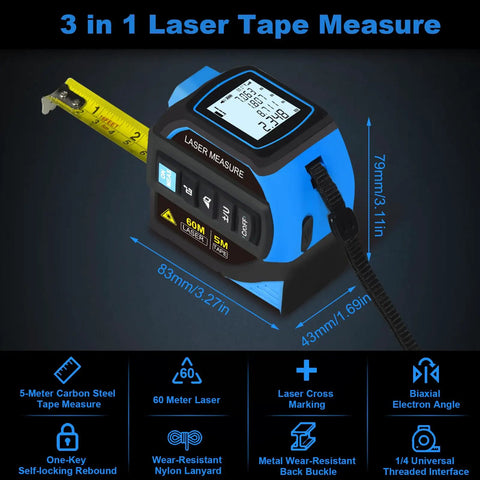 4 In 1 Laser Measure Tool With 60m Range Laser Distance Meter And 16Ft Self Locking Tape Cross Line Dual Axis Angle Finder Rechargeable Pro Grade Build Kit For Pros, blue and black body