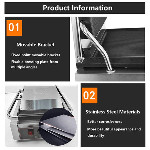 Movable bracket and stainless steel materials detailed view of Heavy Duty Electric Sandwich Press Grill for quick meals and camping.