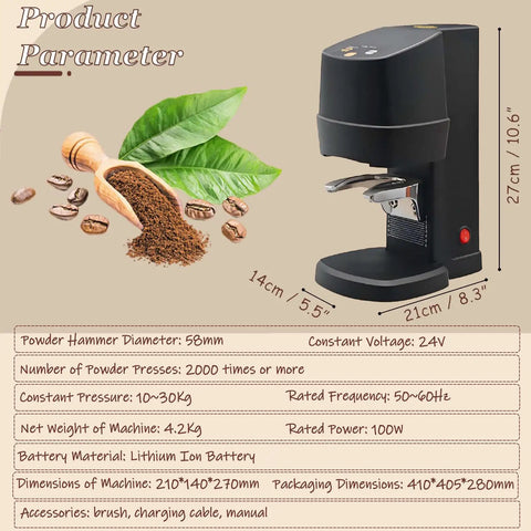 Pro Rigged Stainless Steel Coffee Tamper 58Mm Onboard Digital Scale rechargeable coffee tamping machine with adjustable settings.