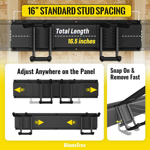 Heavy Duty Wall Mounted Tool Organizer For Garage, 48 Inch Metal Rack with adjustable hooks and 16-inch stud spacing