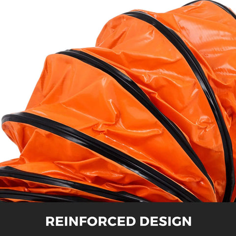 Close-up of orange reinforced 25 Ft PVC Flexible Ducting Hose with S Hooks and Steel Support for 8 Inch Utility Blower