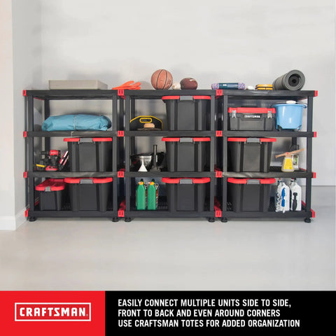 Heavy Duty Four Tier Plastic Storage Shelves For Garage Organization Built Tough With Ample Space, showcasing organized bins and tools.