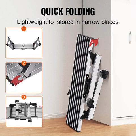 Beast Mode Foldable Aluminum Work Platform Drywall Stool Ladder folded against wall, showcasing lightweight design for easy storage.