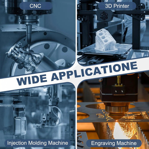 CNC, 3D printer, injection molding, and engraving machines for versatile applications, showcasing technological capabilities.