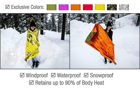 Person in snow wearing 4 Pack Mylar Emergency Blankets For Survival, Ultra Compact Heat Reflecting Thermal Blankets.