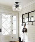 Industrial Semi Flush Mount Ceiling Light With Clear Glass Shade In Matte Black Finish, 13.8 Inch Diameter, Hallway Fixture