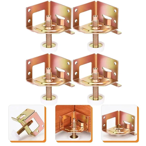 Eight Adjustable Furniture Feet Set For Leveling On Uneven Floors No Wobble, showcasing threaded post levelers in gold bracket mounts